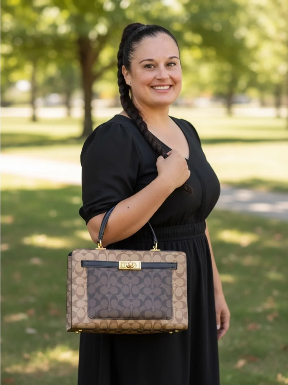 Coach Brown Signature Canvas Top-Handle Satchel with Black Trim